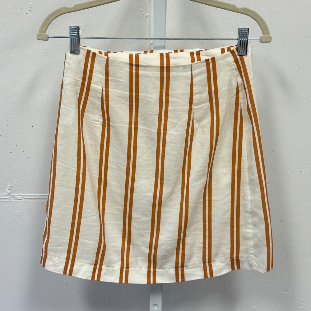 Sancia Striped Wrap Mini Skirt Ochre Cream Tencel Linen Blend XS Summer Boho - Picture 2 of 9